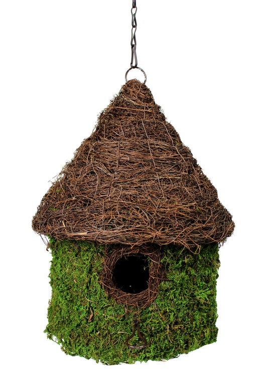 Galapagos Bungalow Woven Hide \ Birdhouse with Chain, 11x15"